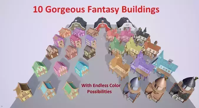 Set of 10 Medieval Fantasy Buildings Game Ready 3D Model Collection