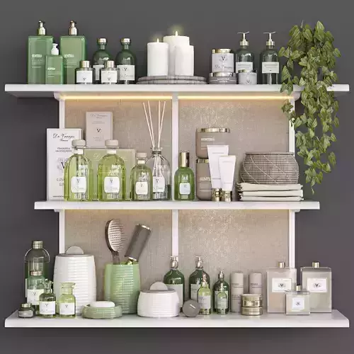bathroom set shelf with soaps and cosmetics