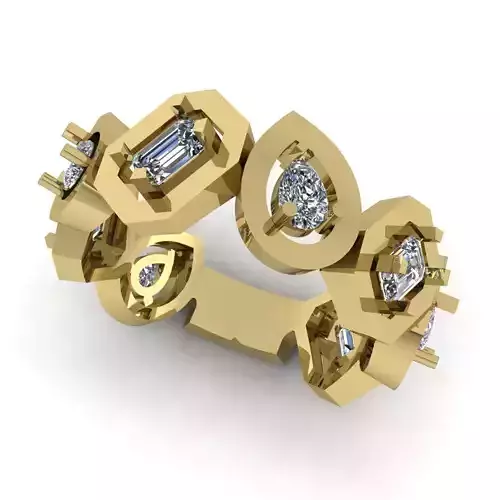 Wedding Band with Emerald and Pear  Shape Stones