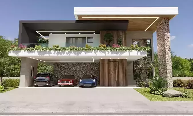 mercedes modern house with car parked in front