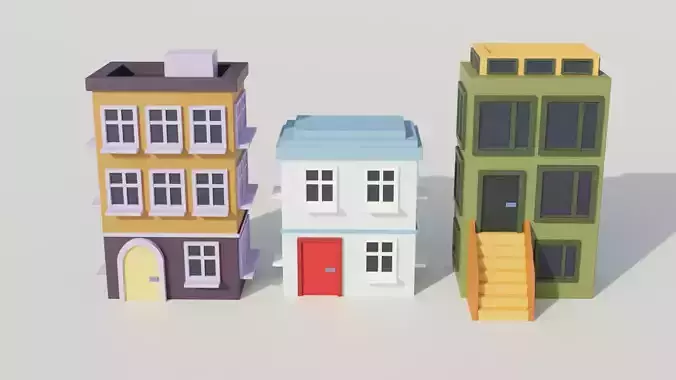 Set of 12 low poly modern house in cartoon style low poly pack