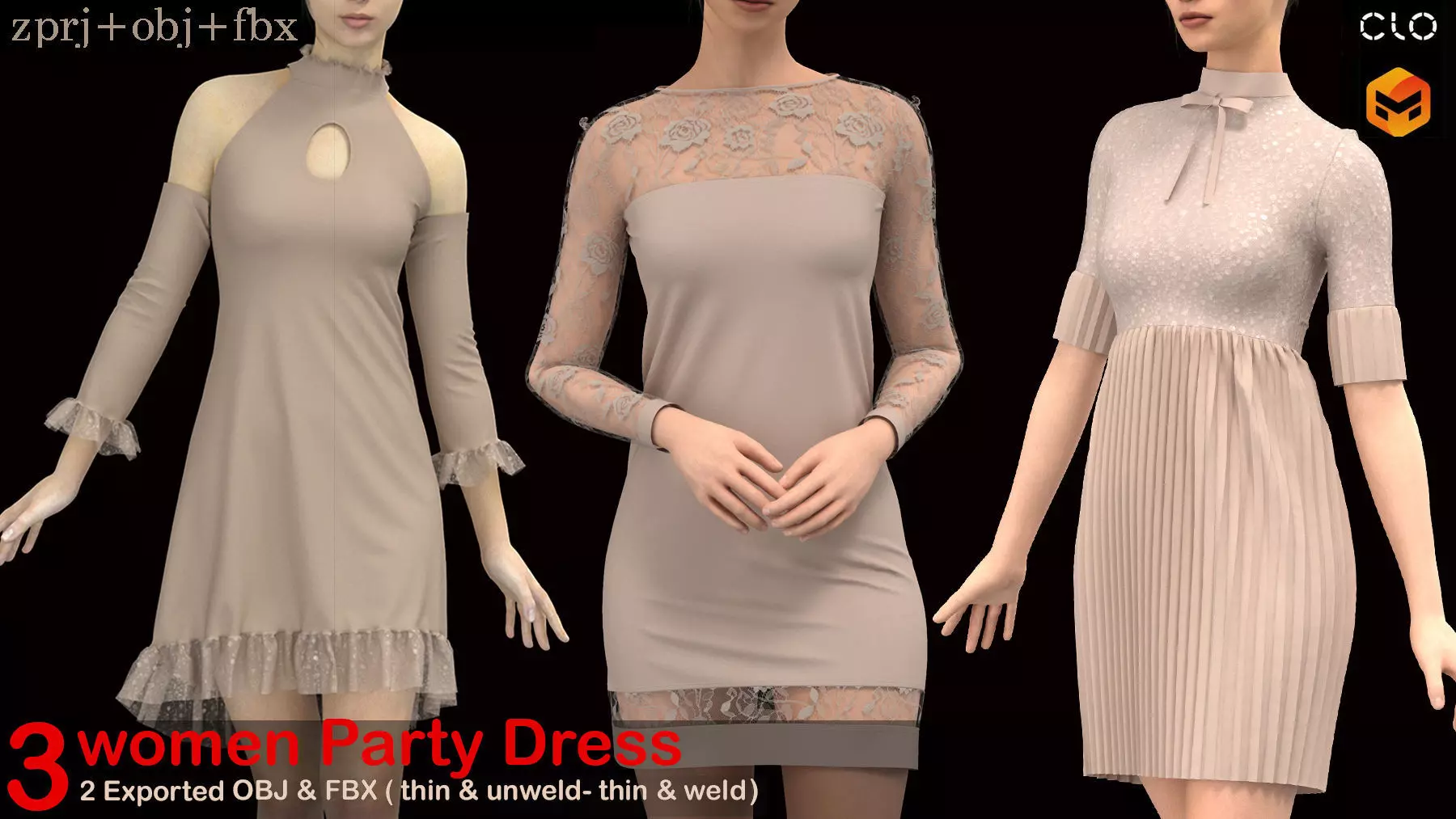 3 Women Party Dress 3D model_0