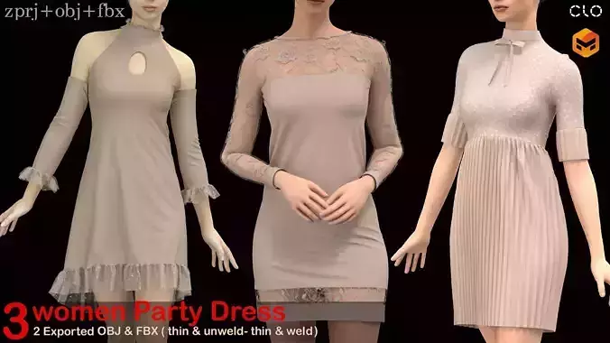 3 Women Party Dress 3D model 3 Women Party Dress 3D model