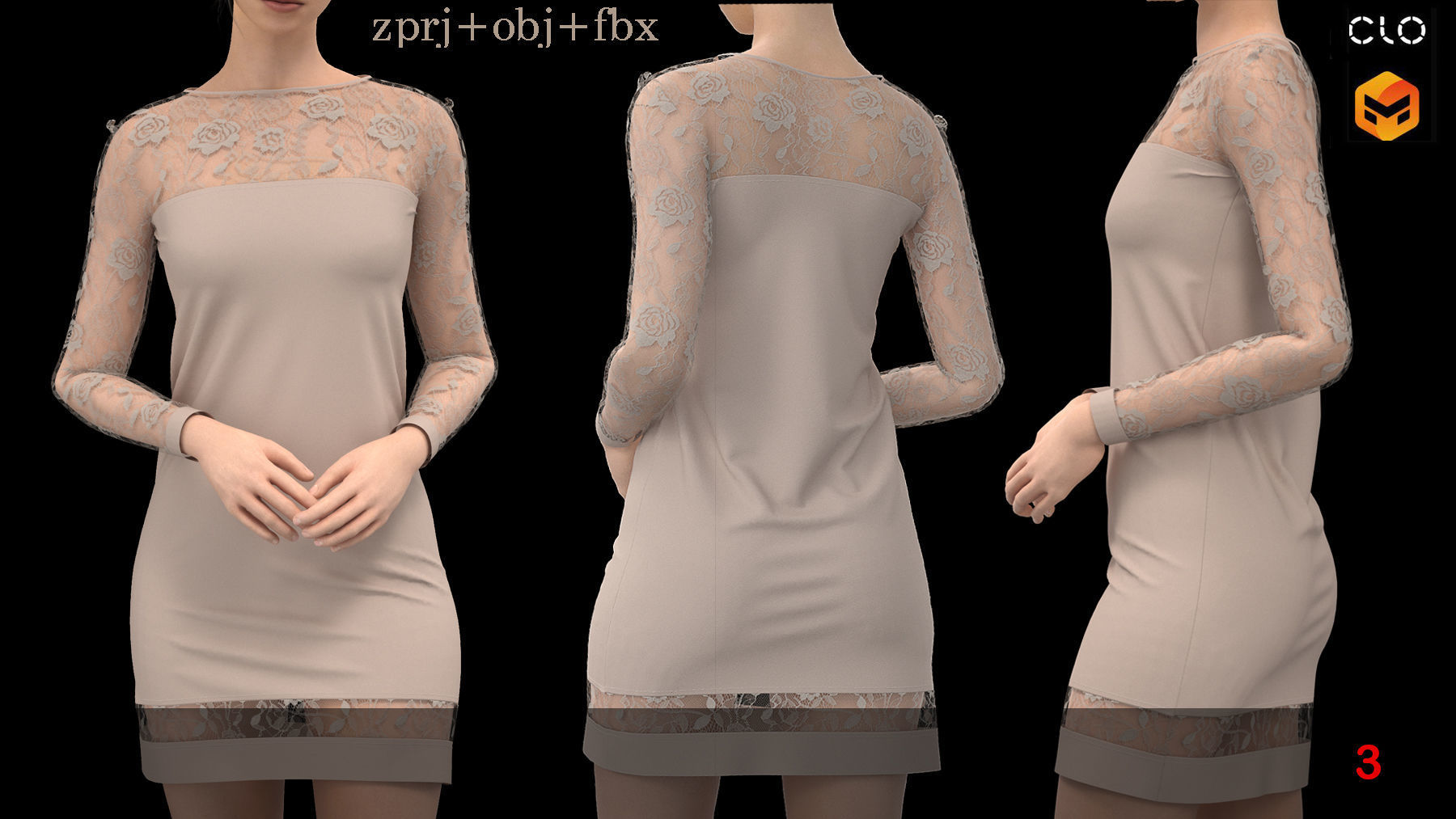 3 Women Party Dress 3D model_3