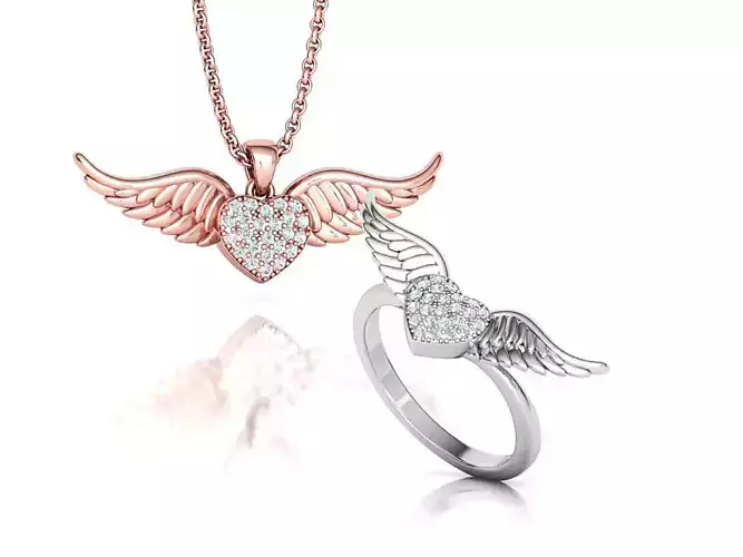 Wings and Heart Ring and Necklace 3dprint models 3D Model Collection