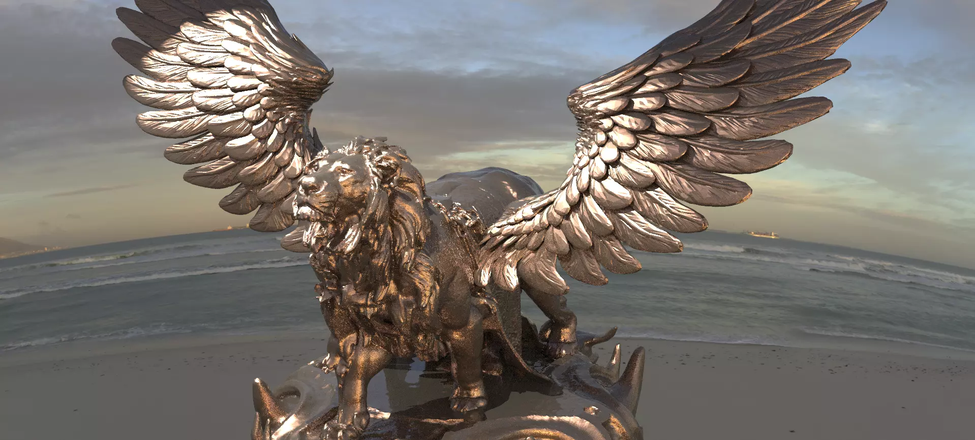 crescent Winged Great lion Sculpture 3D model_0