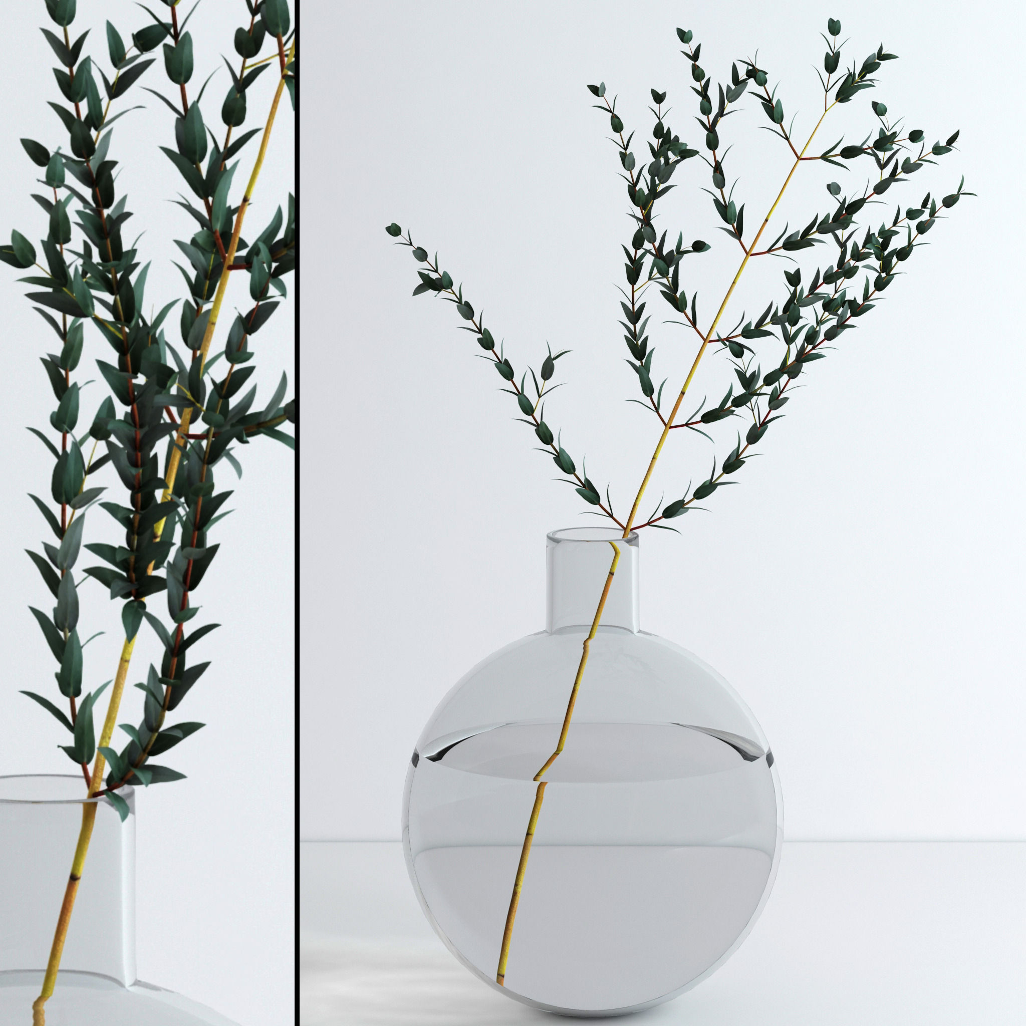 Eucalyptus Set leaves in glass vase 3D model_9