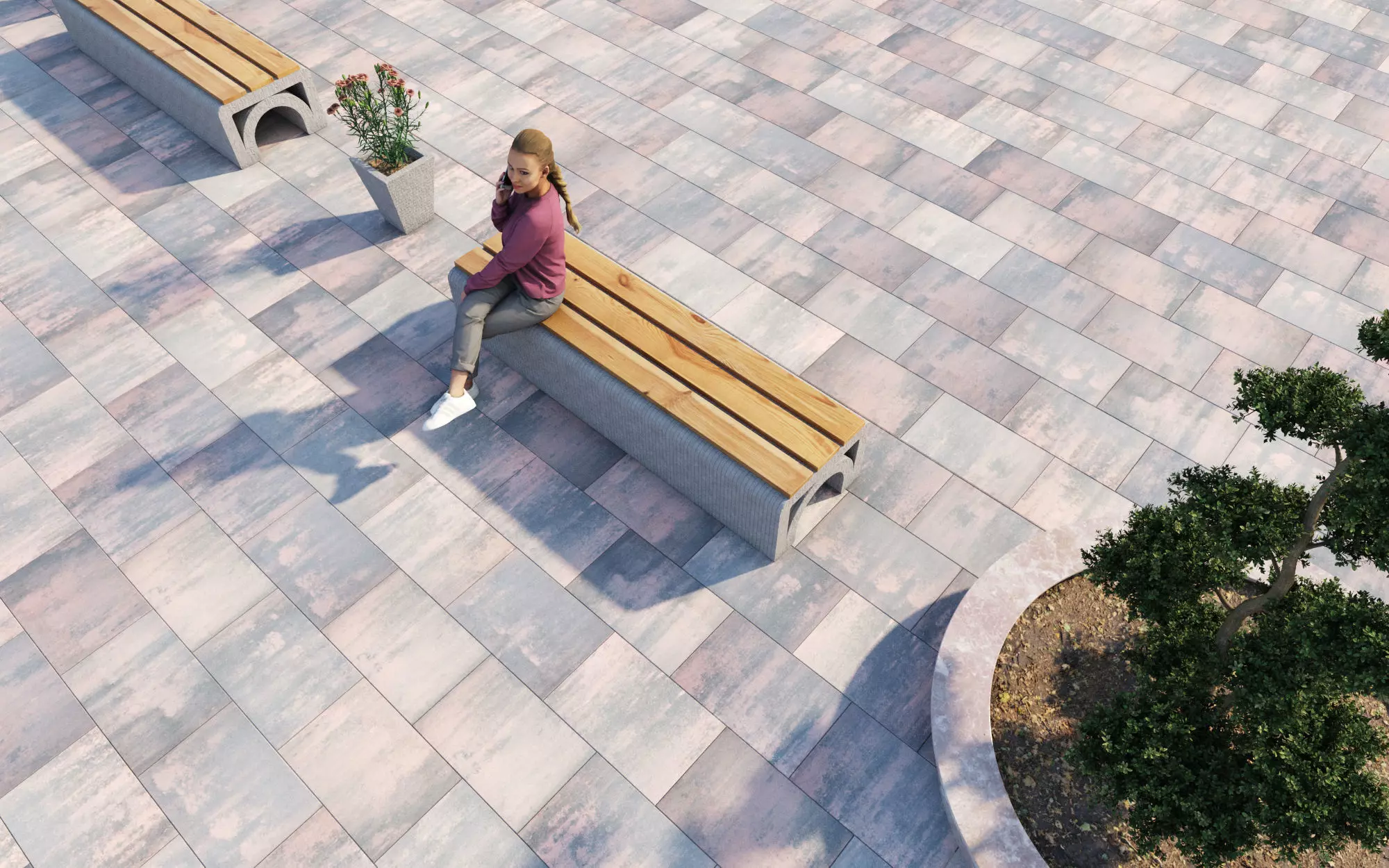 Bench plaza with benches and plants Free 3D model