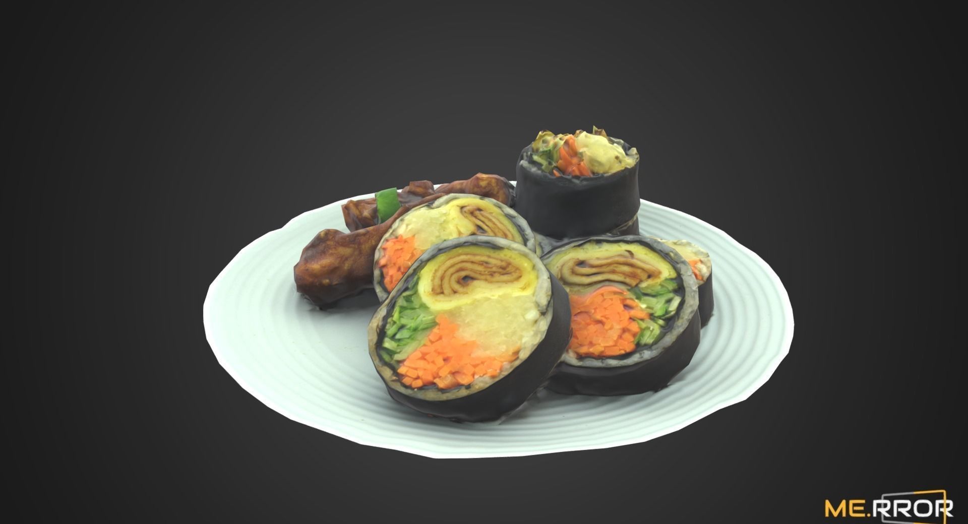 Game Ready Korean Dish Rice Roll Gimbab and Chicken Low-poly 3D model_3
