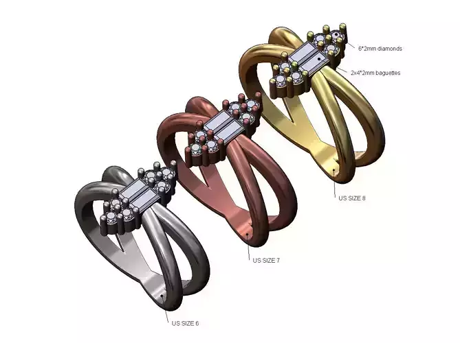 Crossed shank baguette cluster diamond ring US sizes 6 7 8