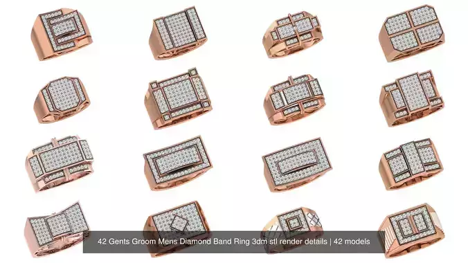 42 Gents Groom Mens Diamond Band Ring 3dm stl render details 3D Model Collection