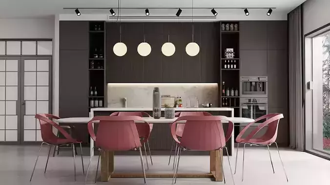 Modern Kitchen with island Refrigerator oven model 3D model