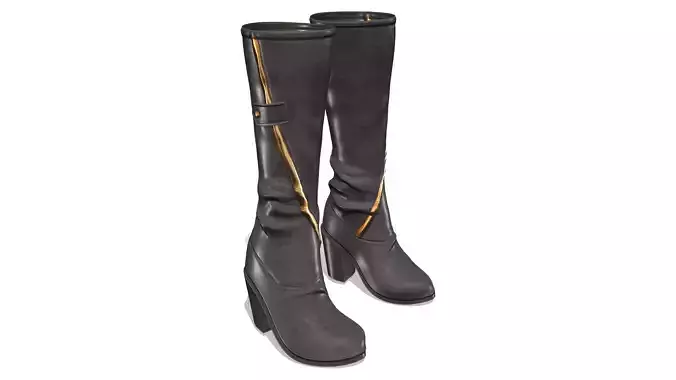 Thick Heel Black Leather Calf Boots