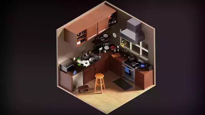 Low Poly Isometric Kitchen - Blender 3D model