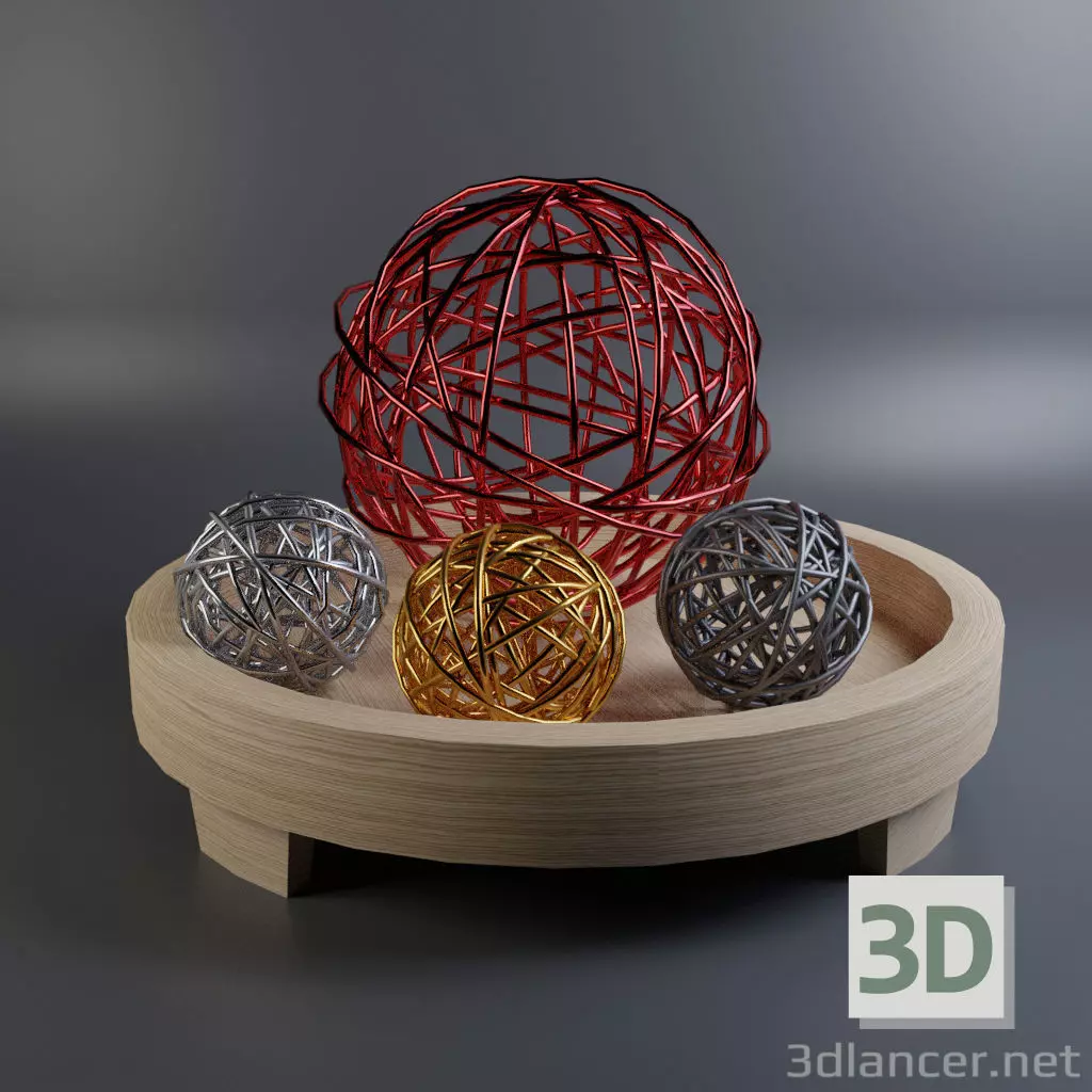 Decor three metal balls on wooden tray 3D model_0