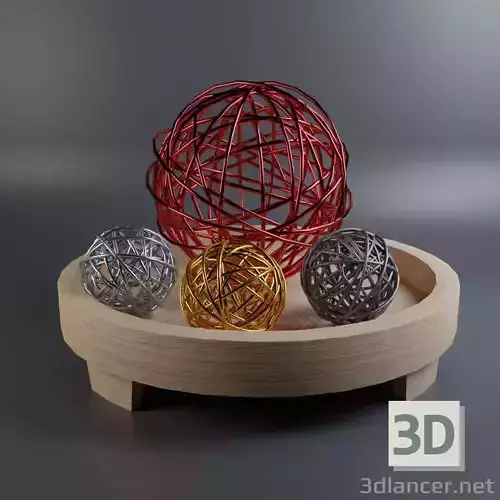 Decor three metal balls on wooden tray