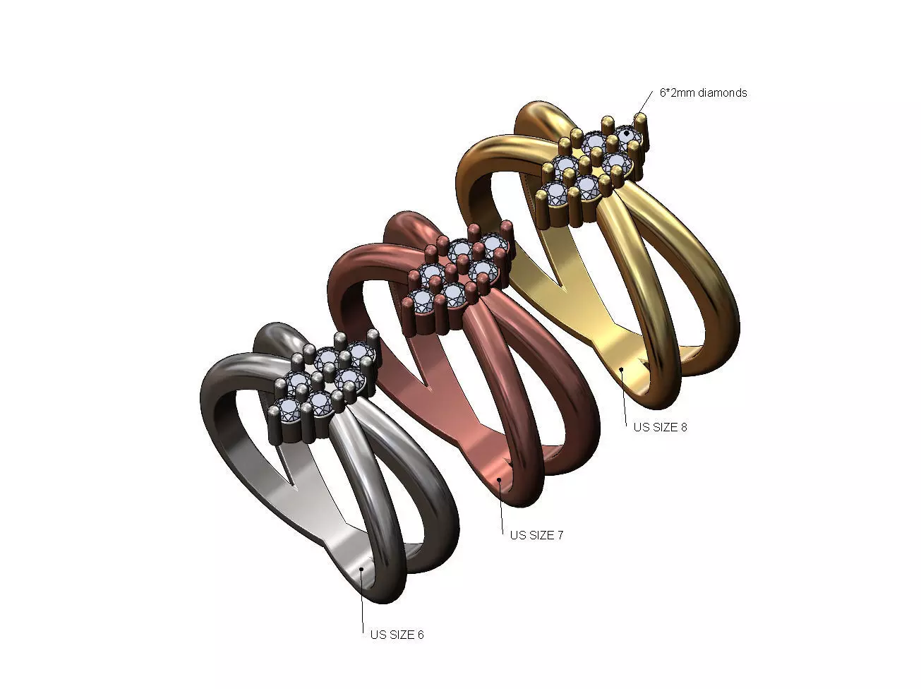 Crossed shank diamond cluster ring US sizes 6 7 8 3D print model_0