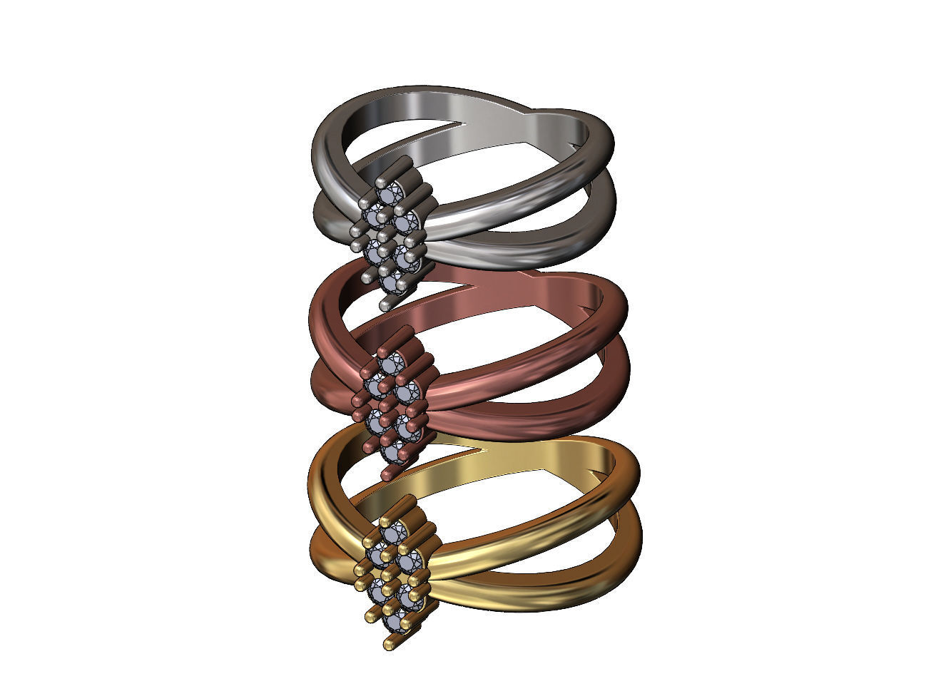 Crossed shank diamond cluster ring US sizes 6 7 8 3D print model_3