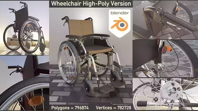 Wheelchair High-Poly Version with Procedural PBR Materials Eevee 3D model