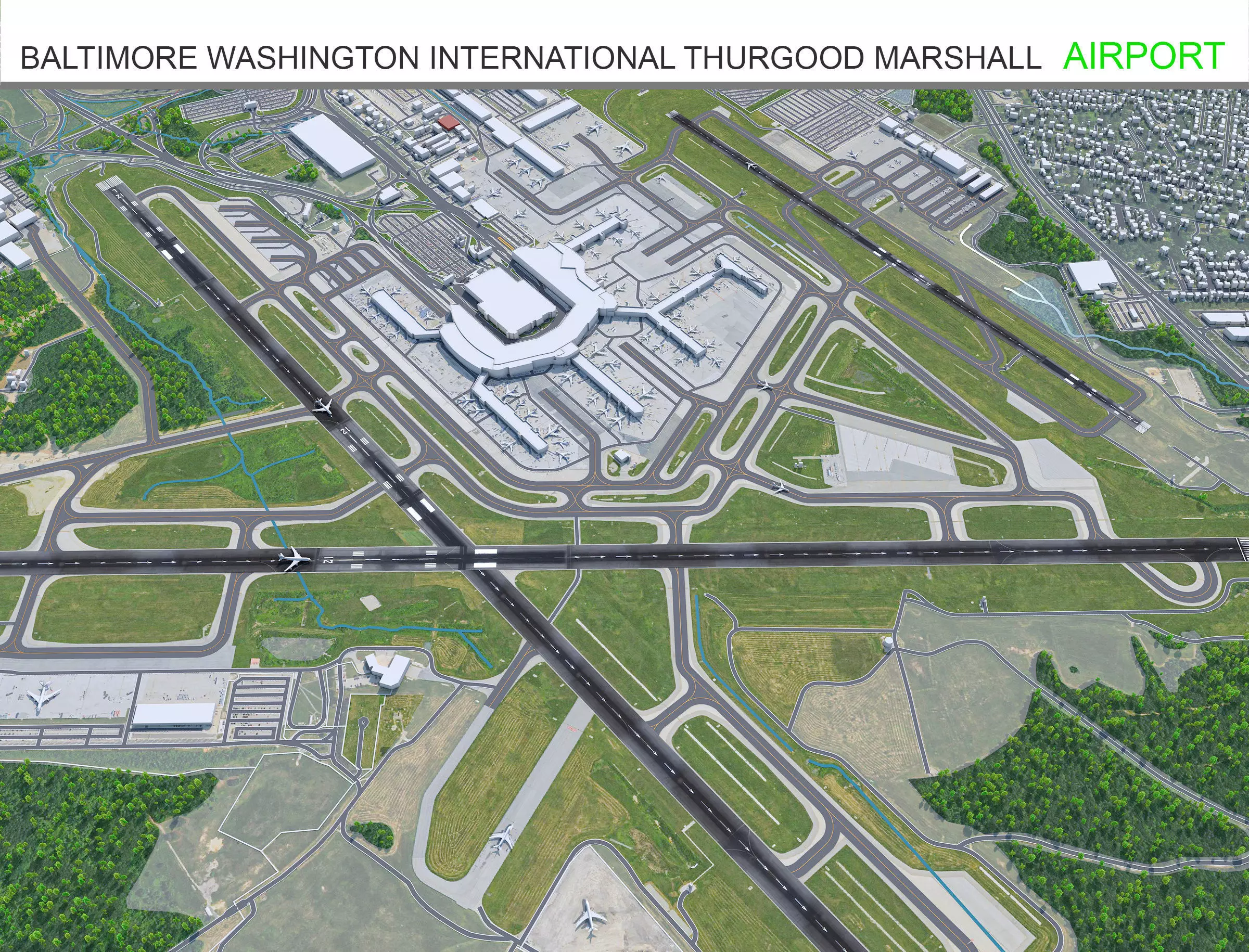 Baltimore Washington Thurgood Marshall Airport 10km Low-poly 3D model