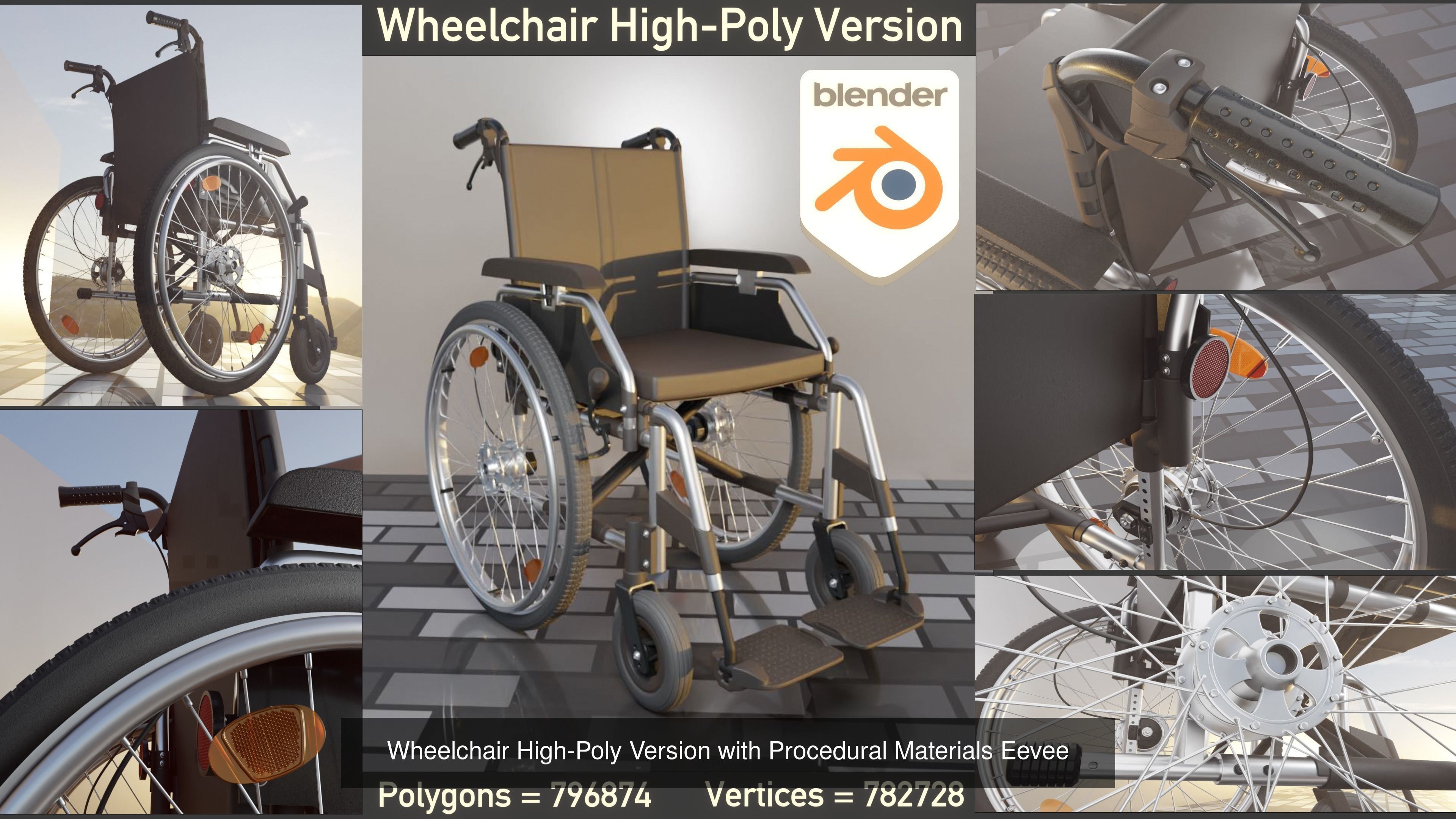 Wheelchair High-Poly and Low-Poly Version 3D Model Collection_3