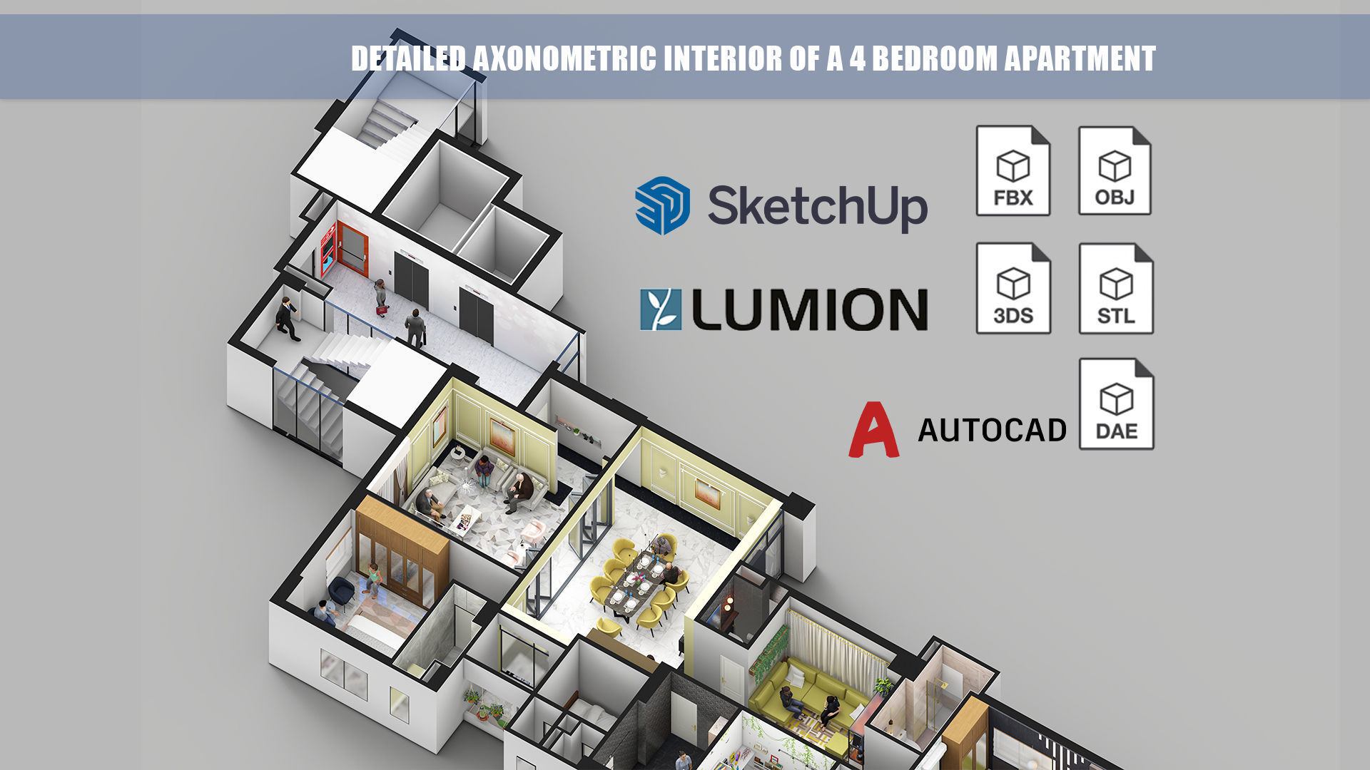 Detailed Axonometric Interior of a 4 bedroom apartment 3D model_7