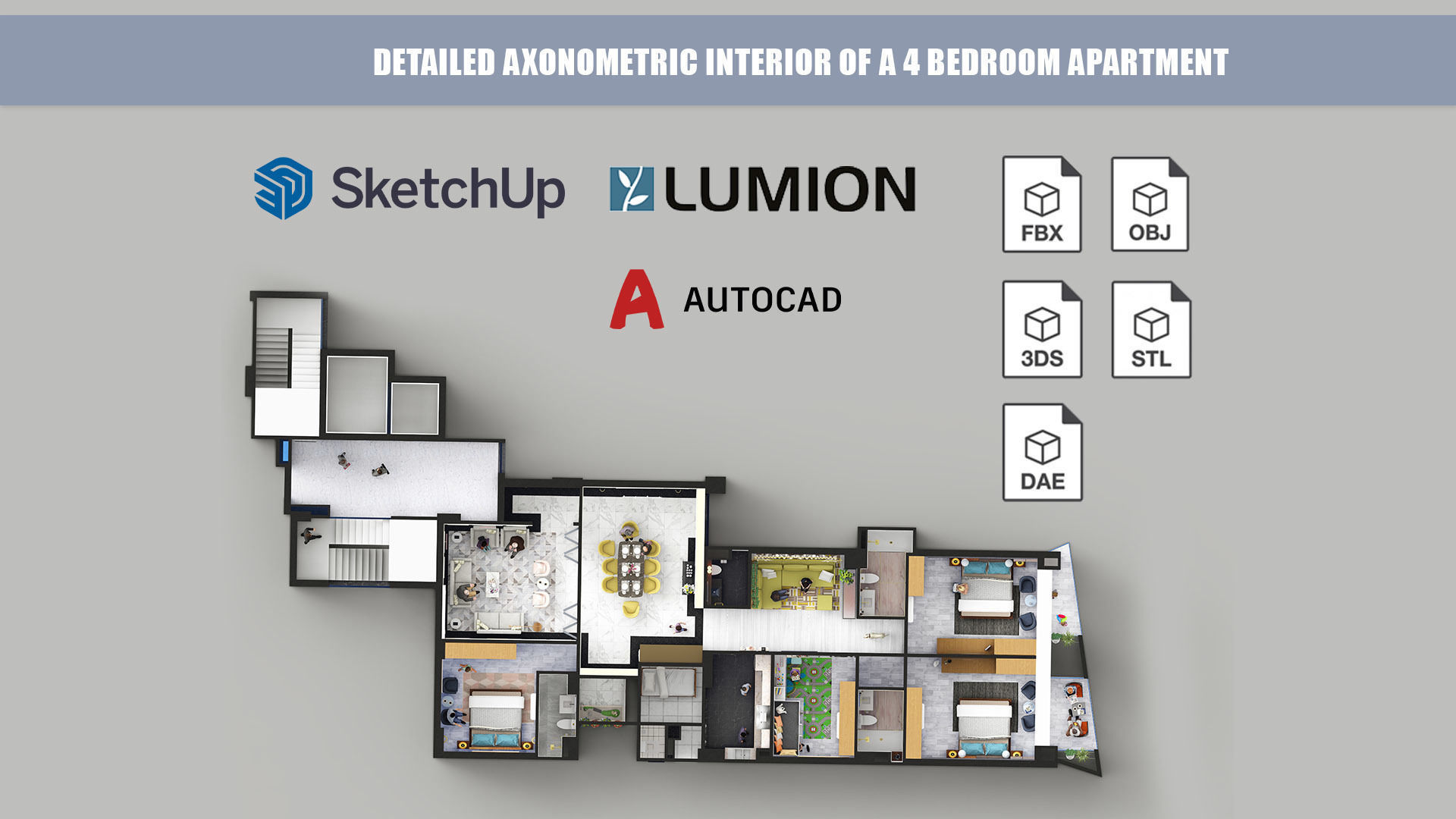 Detailed Axonometric Interior of a 4 bedroom apartment 3D model_3