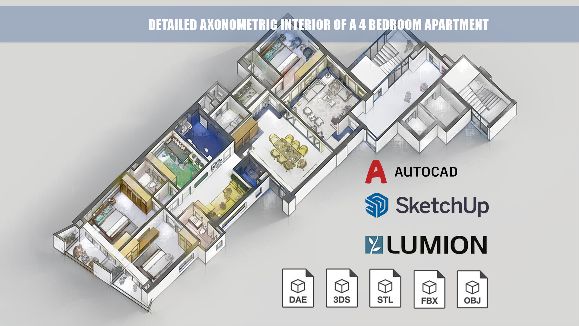 Detailed Axonometric Interior of a 4 bedroom apartment 3D model_8