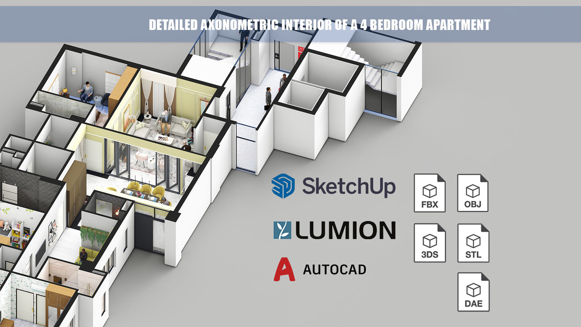 Detailed Axonometric Interior of a 4 bedroom apartment 3D model_6