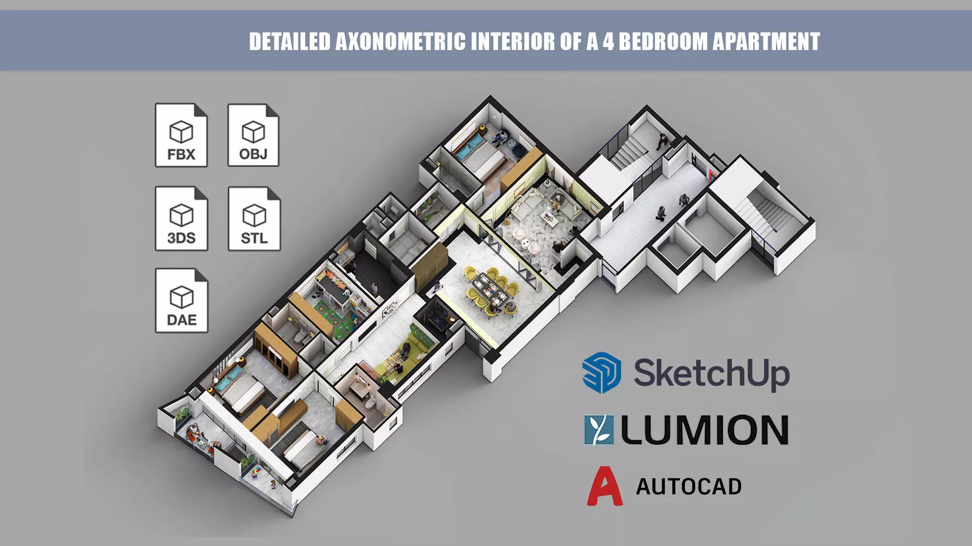 Detailed Axonometric Interior of a 4 bedroom apartment 3D model_0
