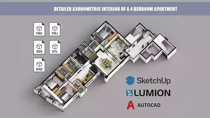 Detailed Axonometric Interior of a 4 bedroom apartment 3D model Detailed Axonometric Interior of a 4 bedroom apartment 3D model