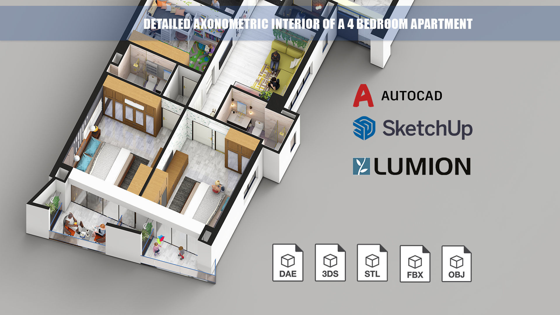Detailed Axonometric Interior of a 4 bedroom apartment 3D model_5
