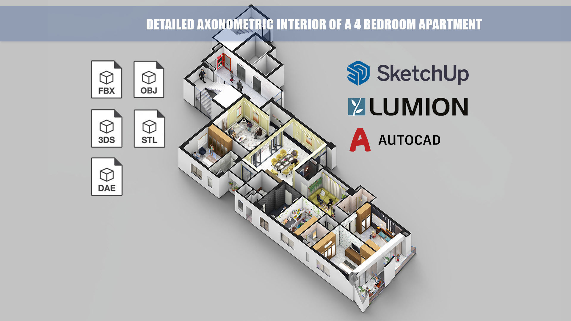 Detailed Axonometric Interior of a 4 bedroom apartment 3D model_1