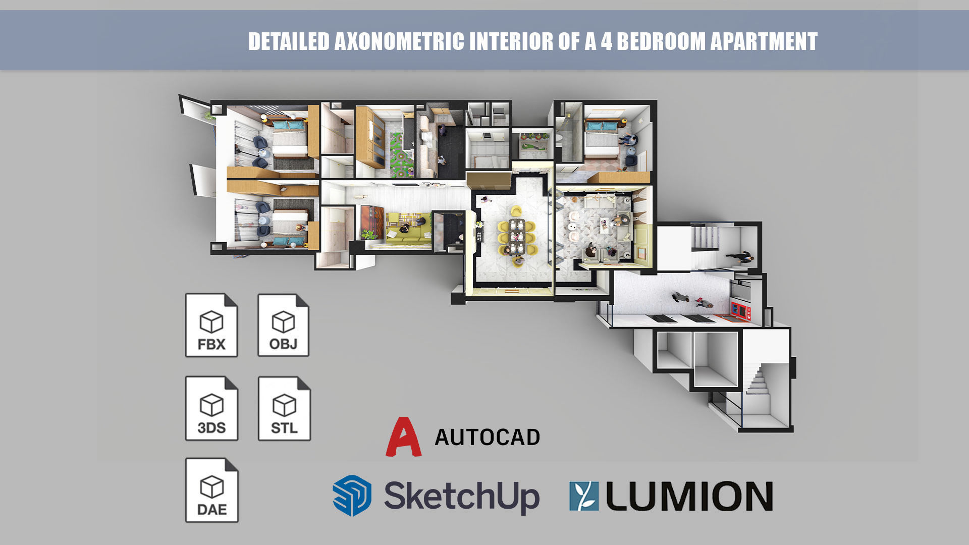 Detailed Axonometric Interior of a 4 bedroom apartment 3D model_4