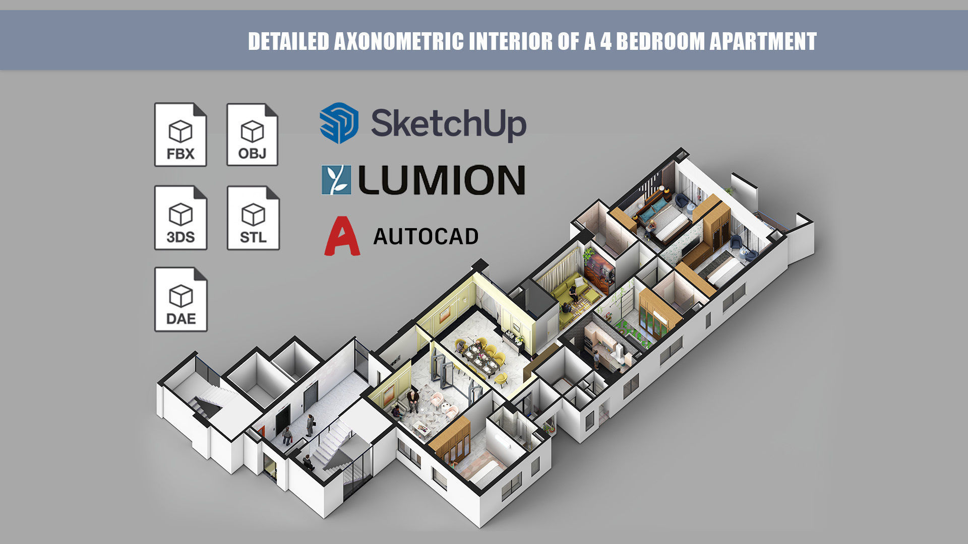Detailed Axonometric Interior of a 4 bedroom apartment 3D model_2