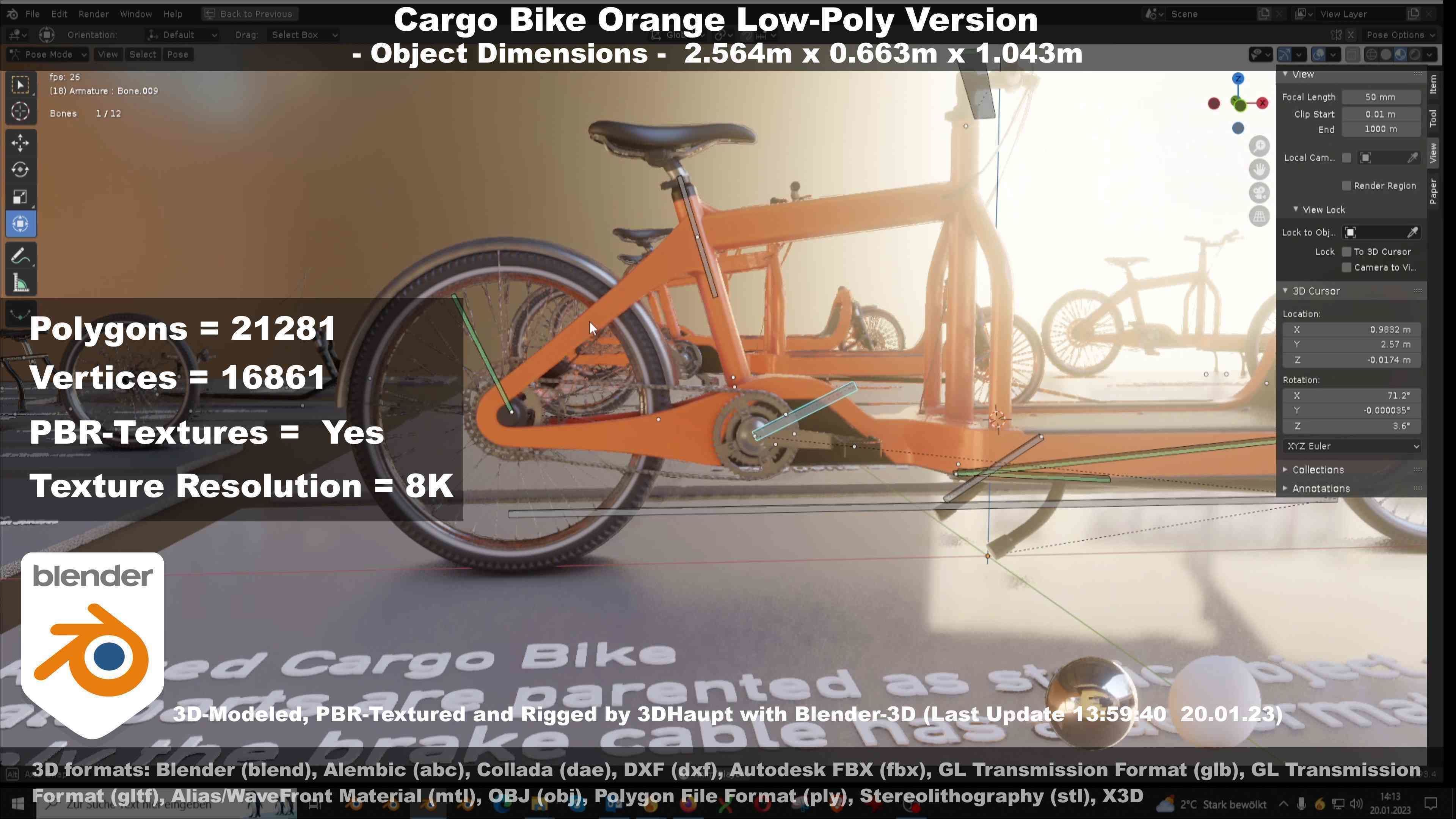 Cargo Bike Orange Low-Poly and Rigged Version  Low-poly 3D model_30