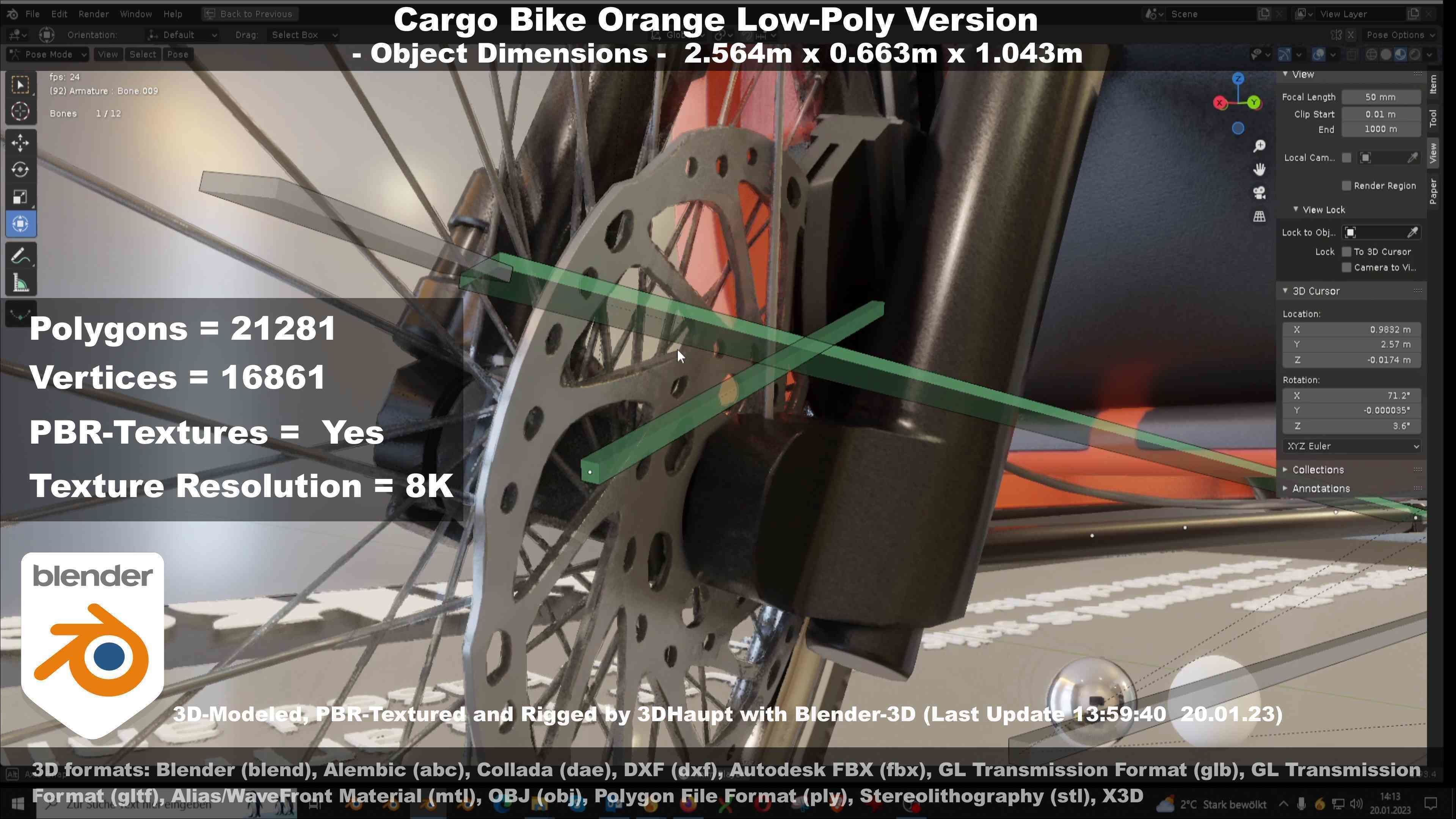 Cargo Bike Orange Low-Poly and Rigged Version  Low-poly 3D model_25