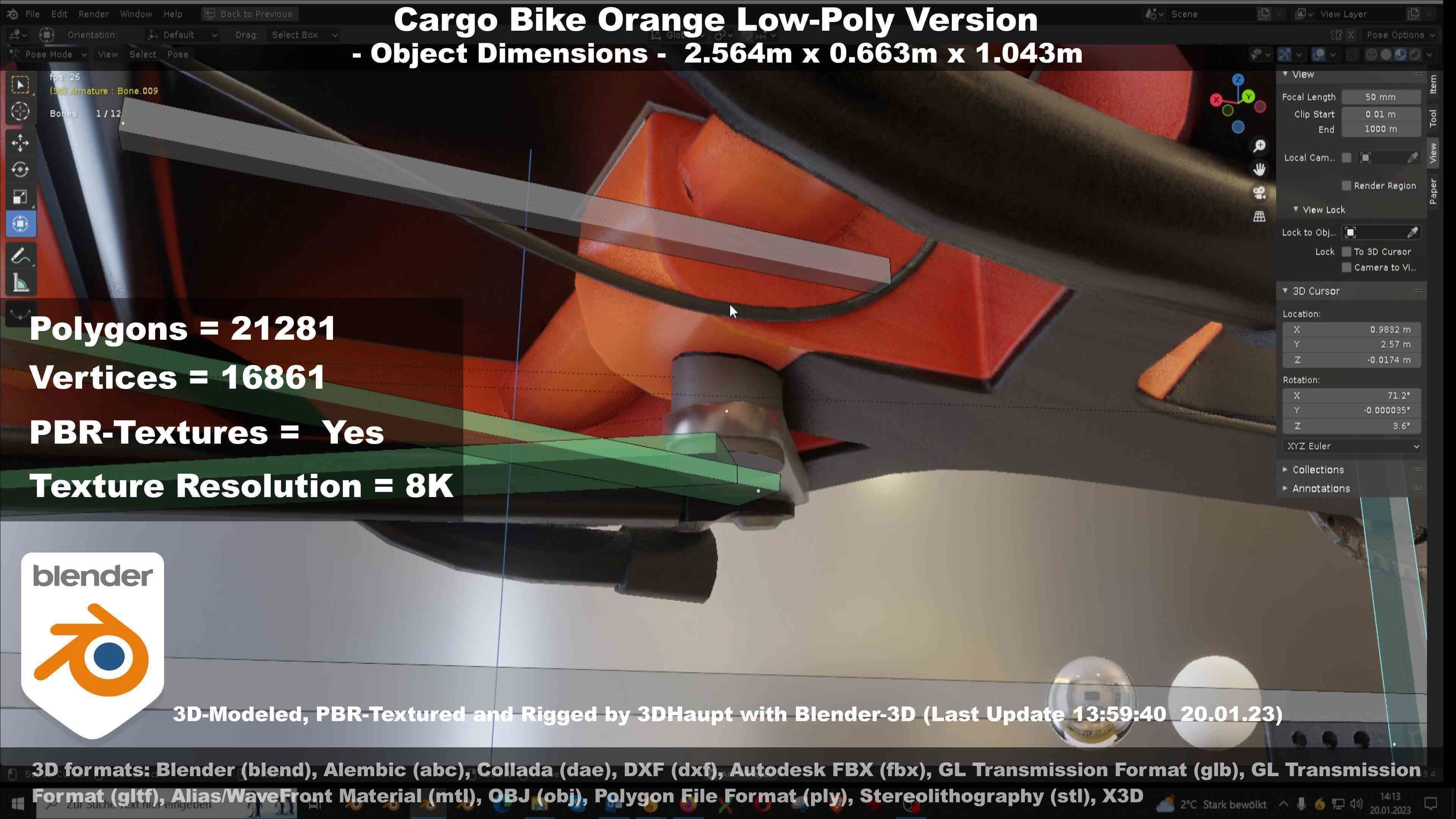 Cargo Bike Orange Low-Poly and Rigged Version  Low-poly 3D model_129