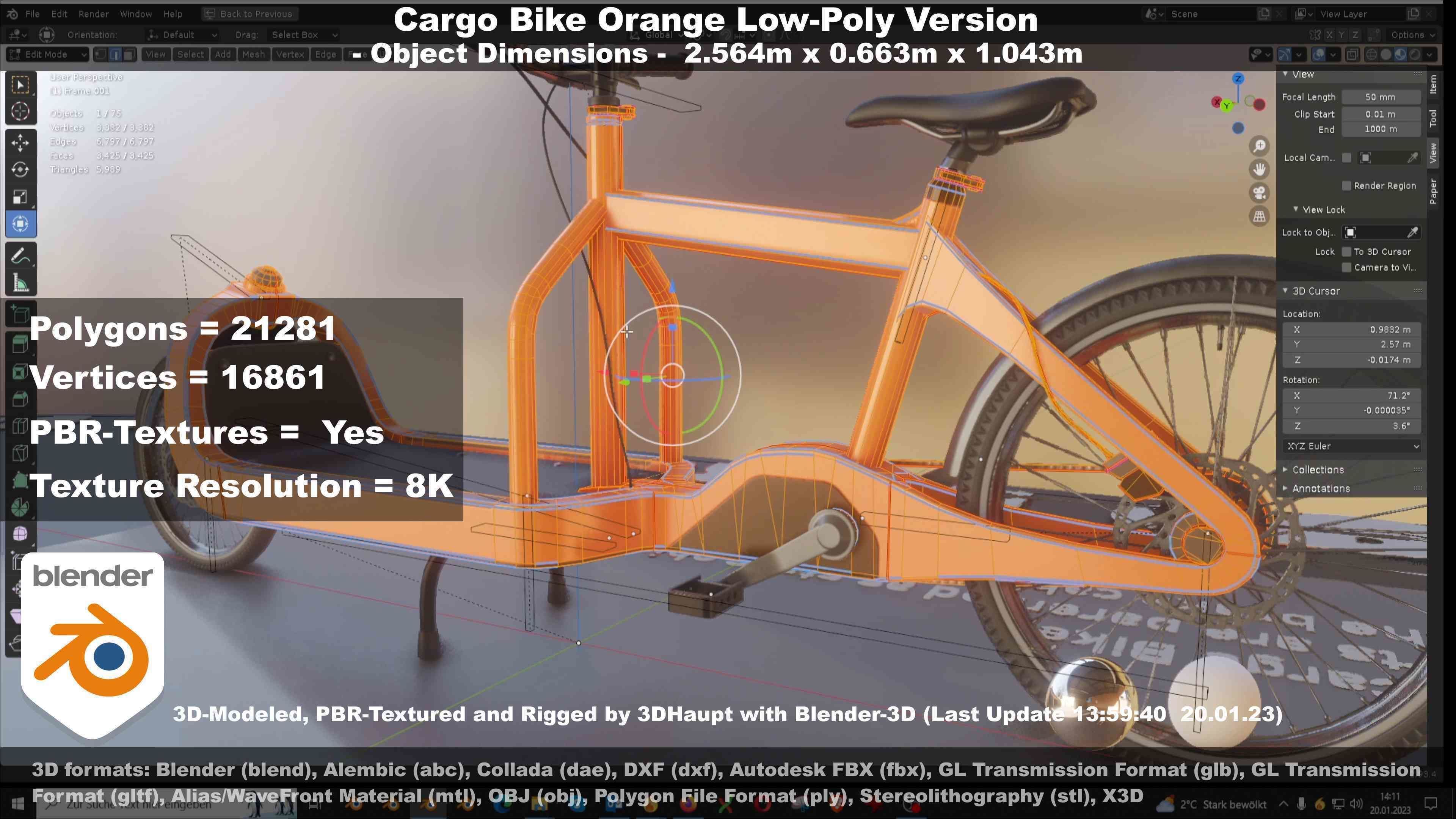 Cargo Bike Orange Low-Poly and Rigged Version  Low-poly 3D model_98