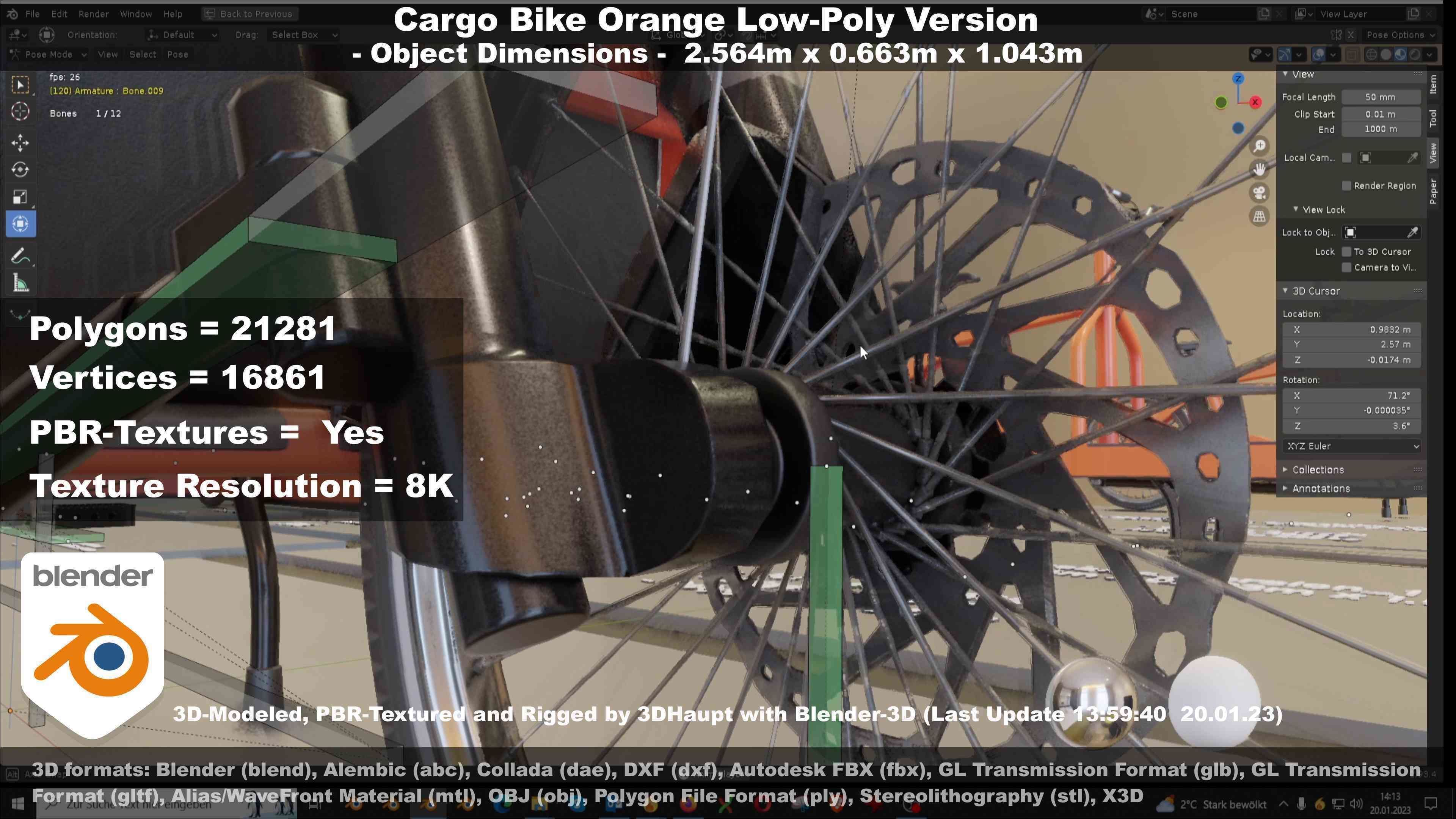 Cargo Bike Orange Low-Poly and Rigged Version  Low-poly 3D model_26