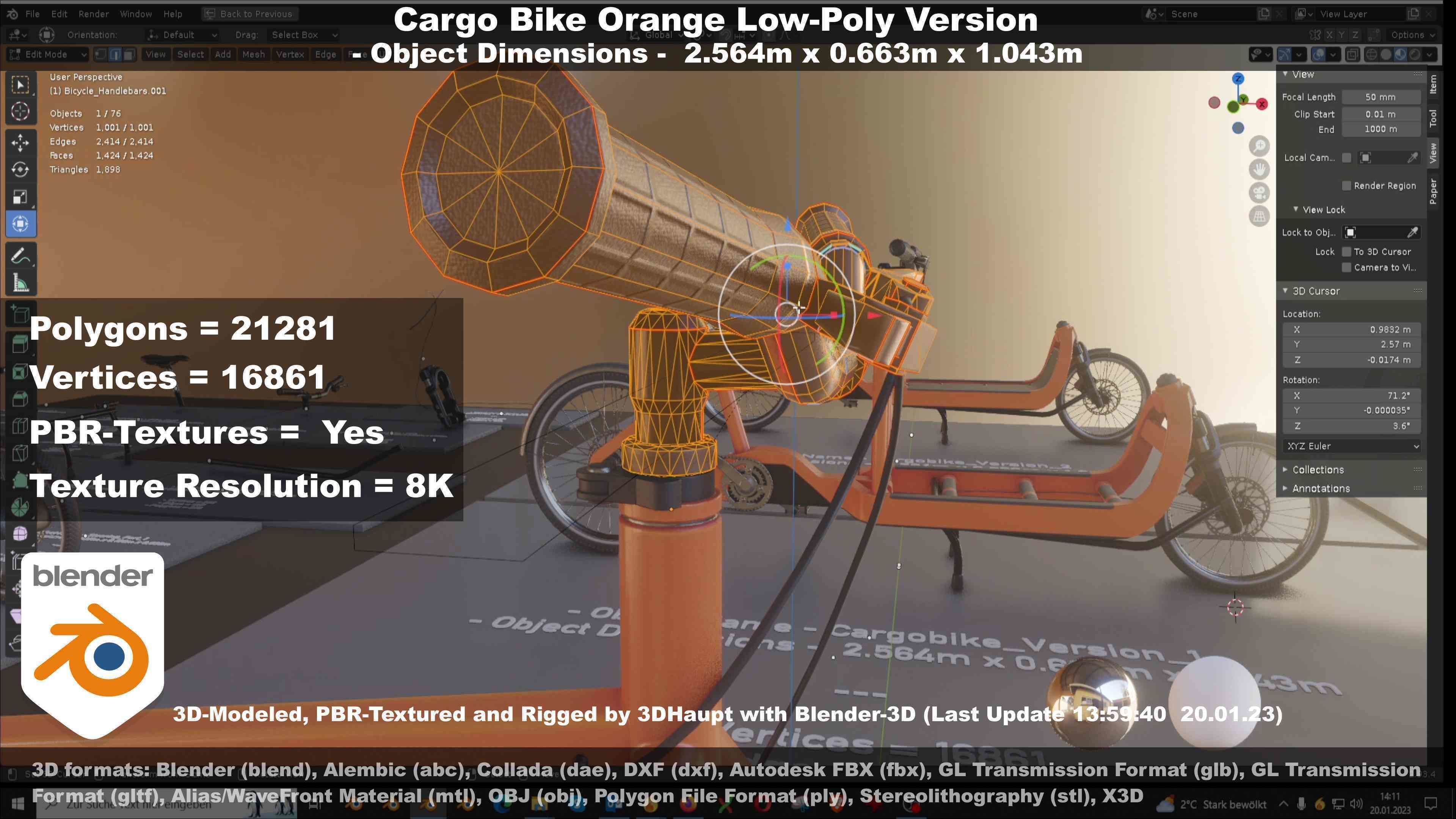 Cargo Bike Orange Low-Poly and Rigged Version  Low-poly 3D model_100