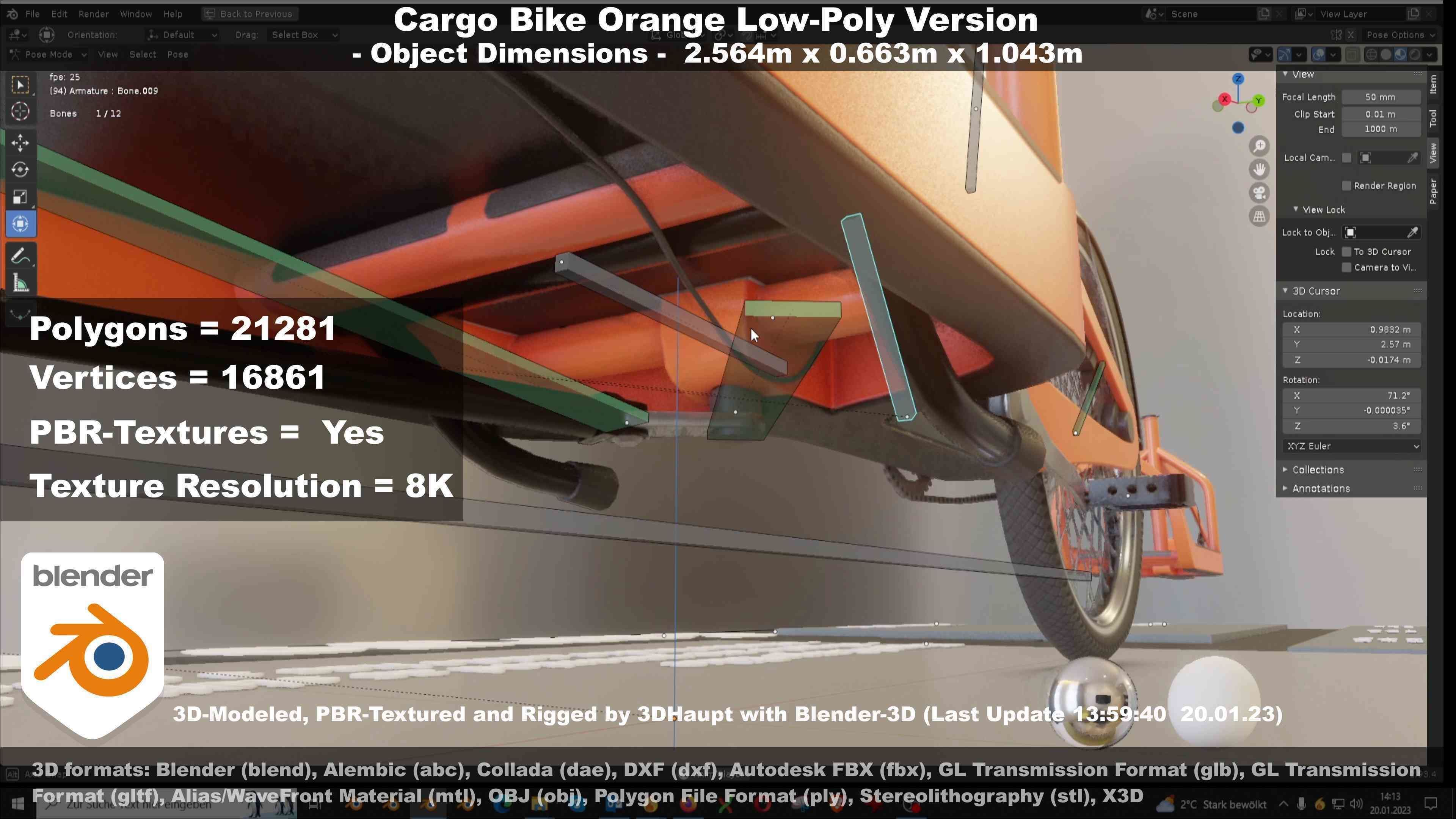 Cargo Bike Orange Low-Poly and Rigged Version  Low-poly 3D model_130