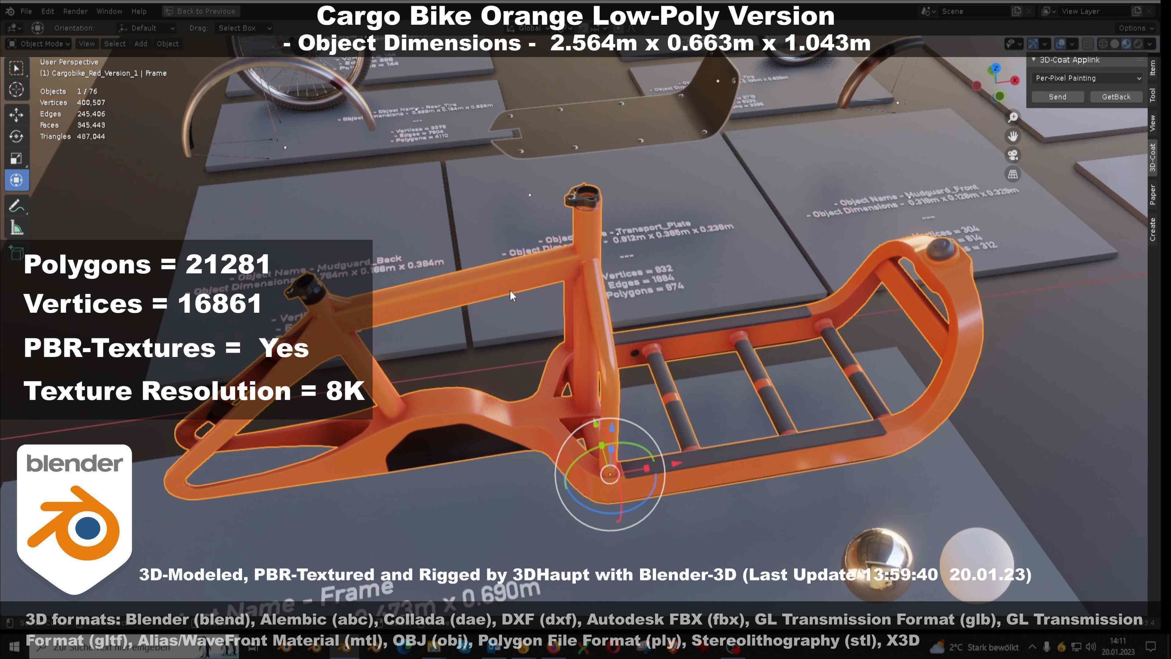 Cargo Bike Orange Low-Poly and Rigged Version  Low-poly 3D model_111