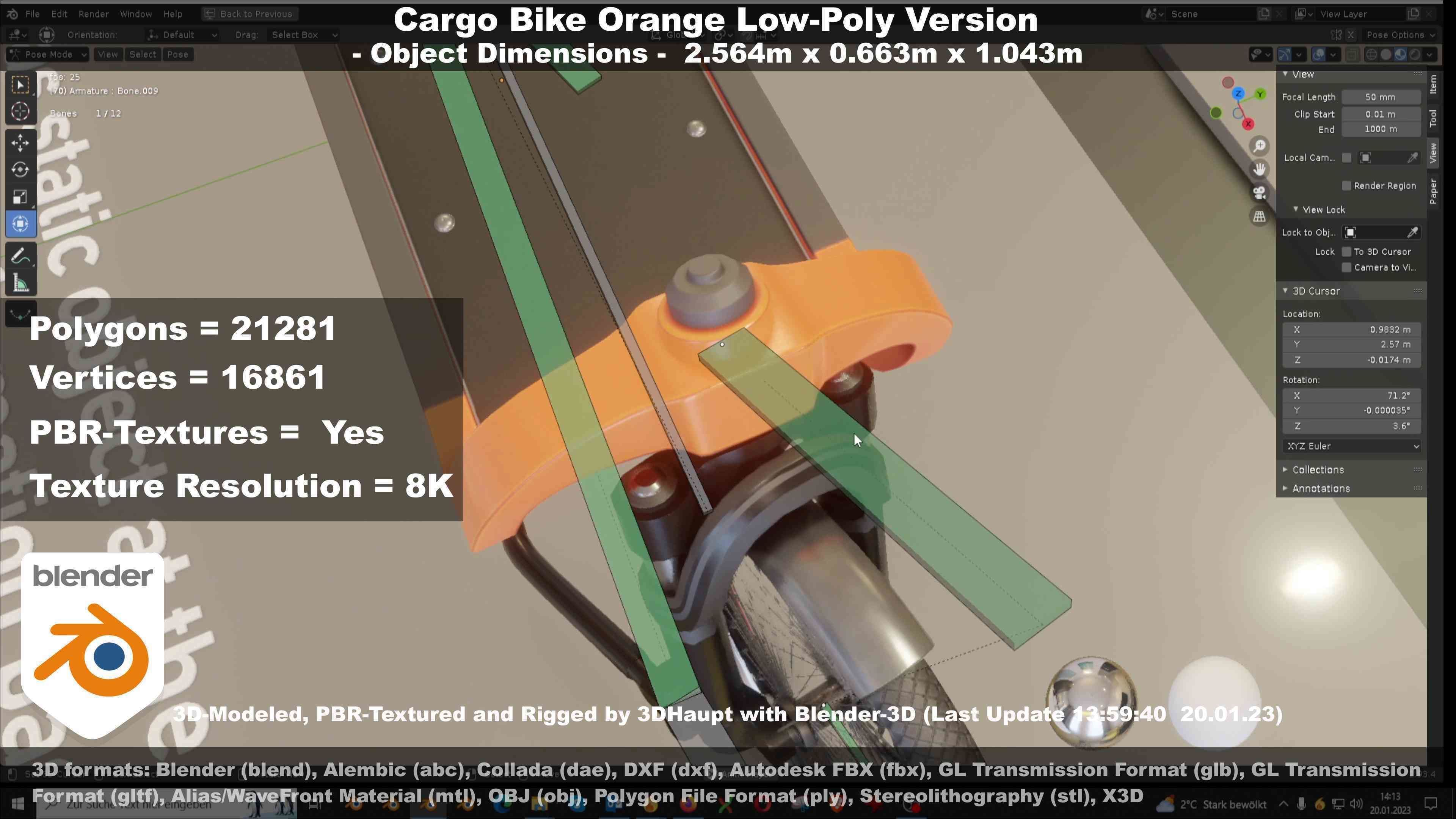Cargo Bike Orange Low-Poly and Rigged Version  Low-poly 3D model_31