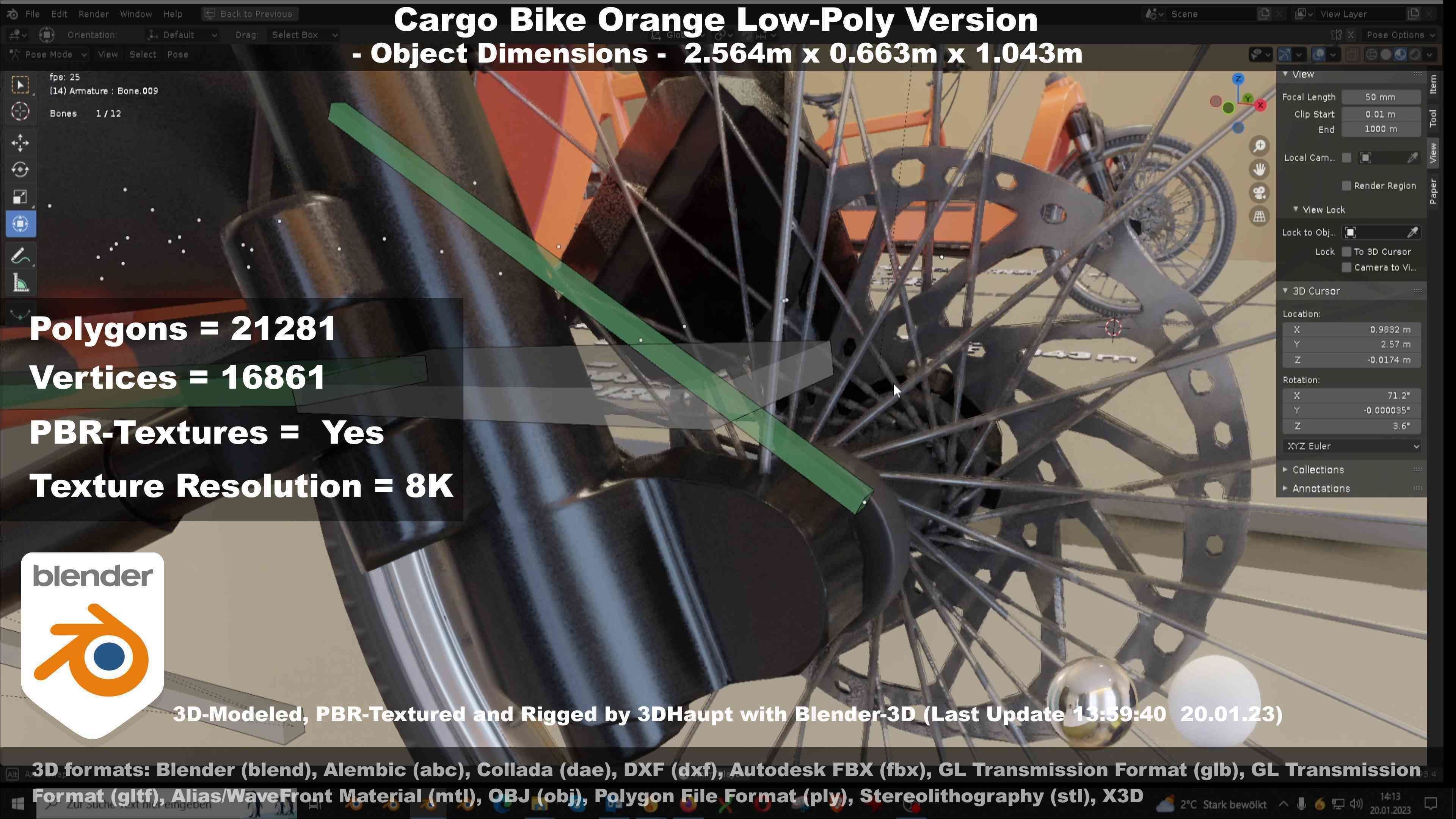 Cargo Bike Orange Low-Poly and Rigged Version  Low-poly 3D model_36