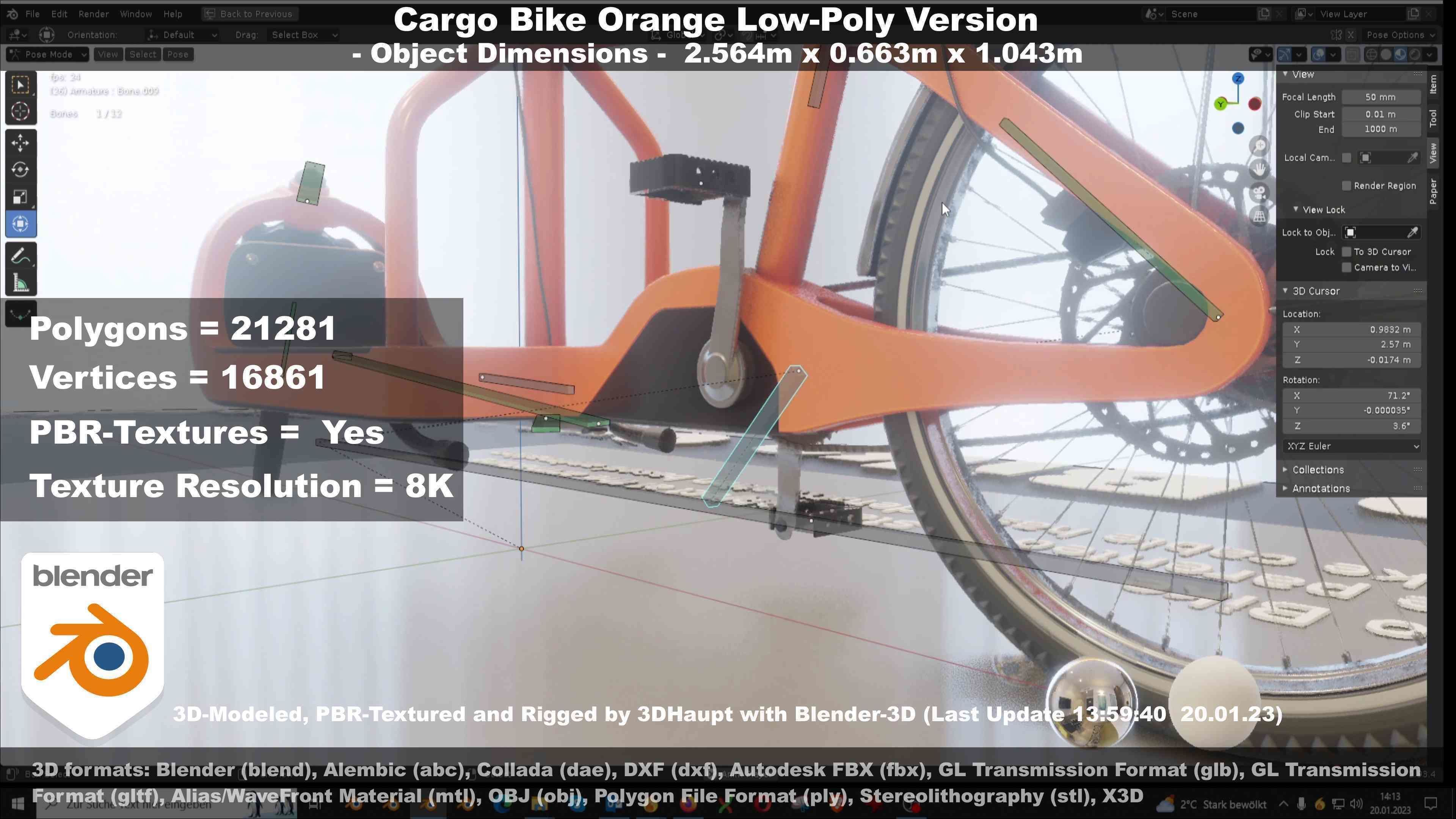 Cargo Bike Orange Low-Poly and Rigged Version  Low-poly 3D model_33