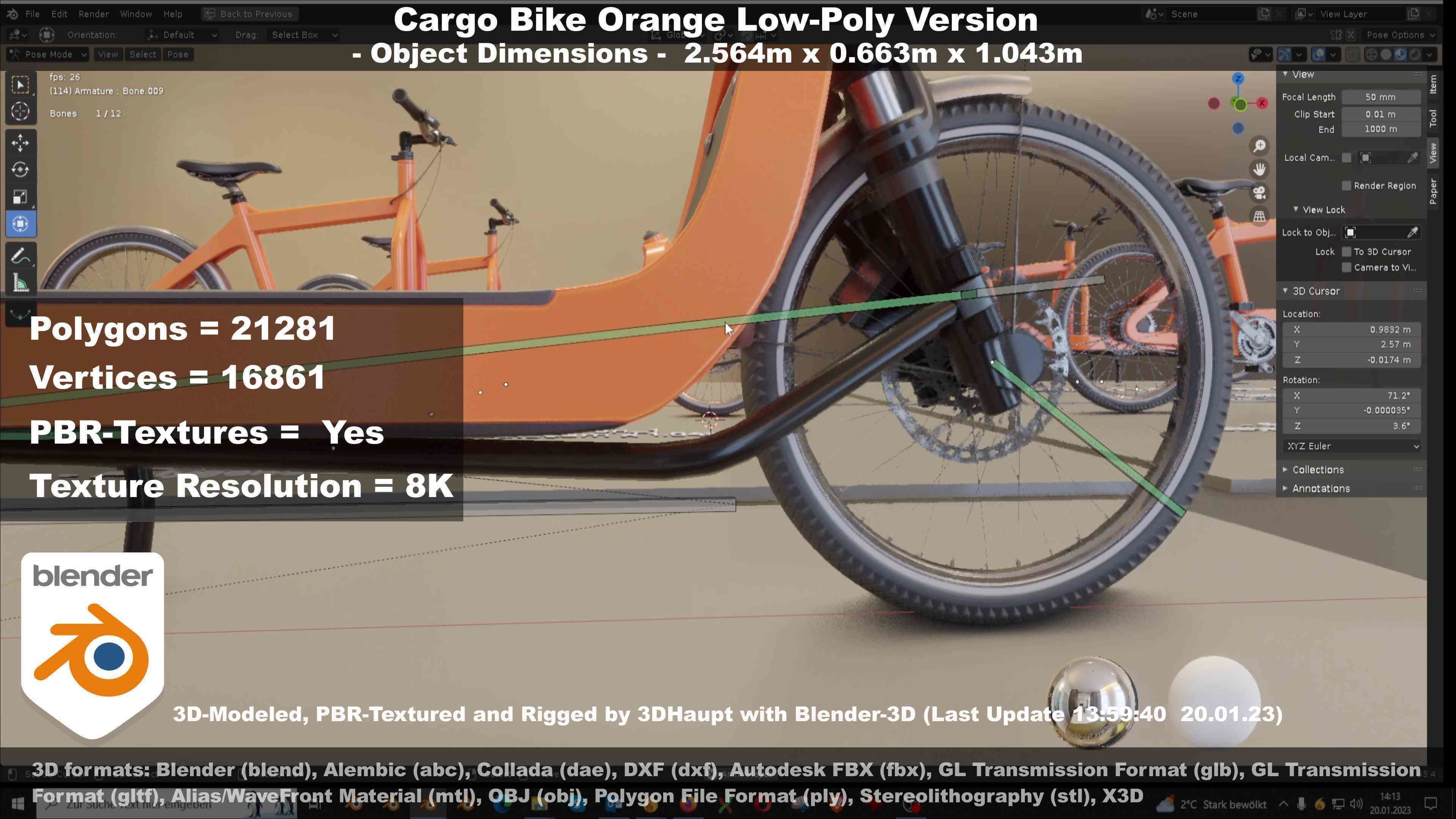 Cargo Bike Orange Low-Poly and Rigged Version  Low-poly 3D model_24