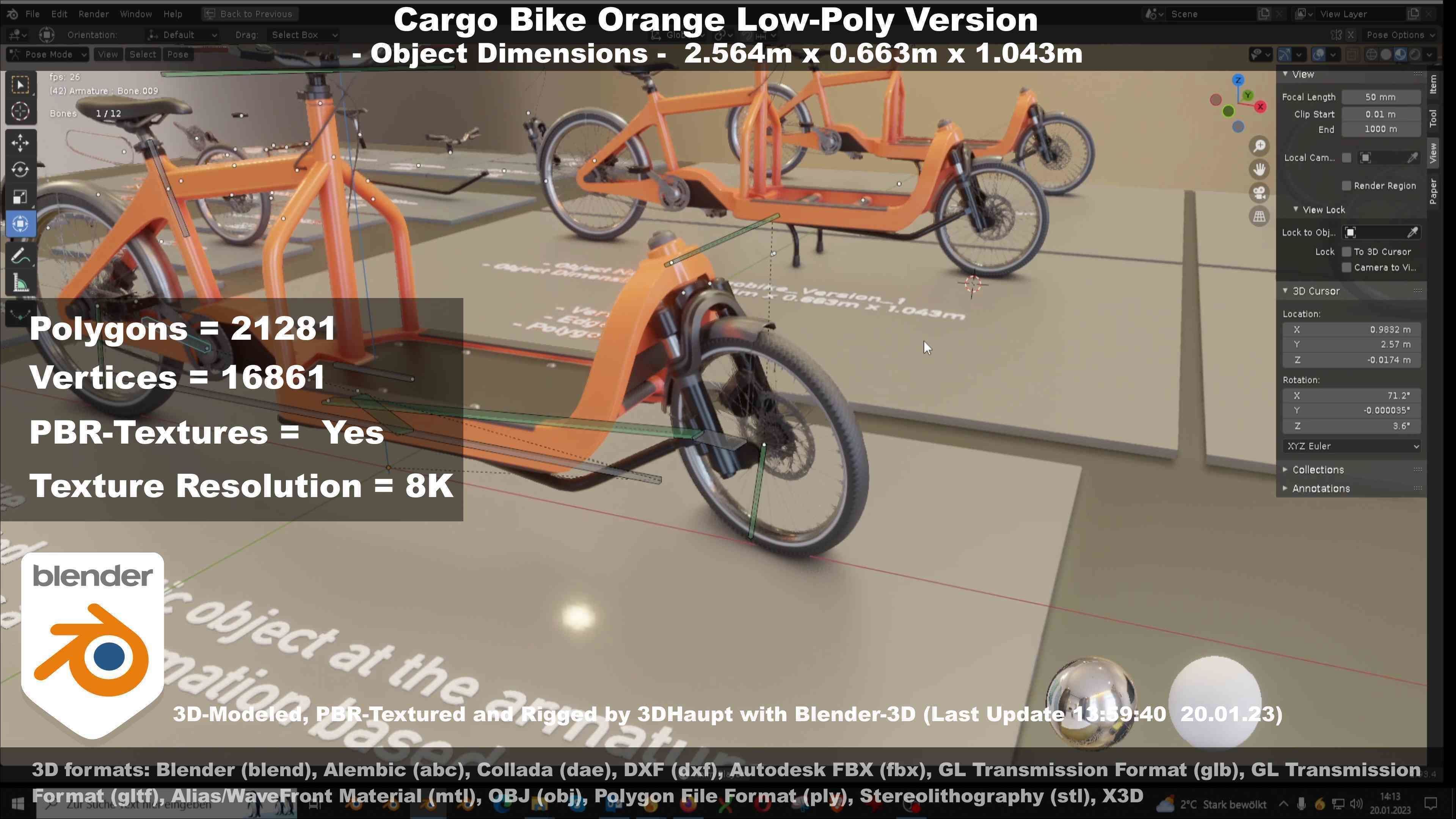 Cargo Bike Orange Low-Poly and Rigged Version  Low-poly 3D model_29