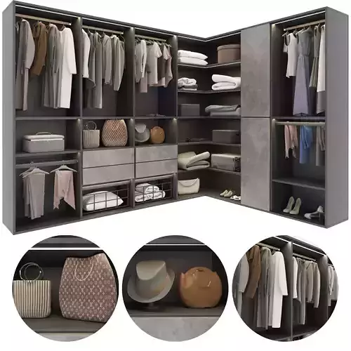 Wardrobe walk in closet with clothes and accessories