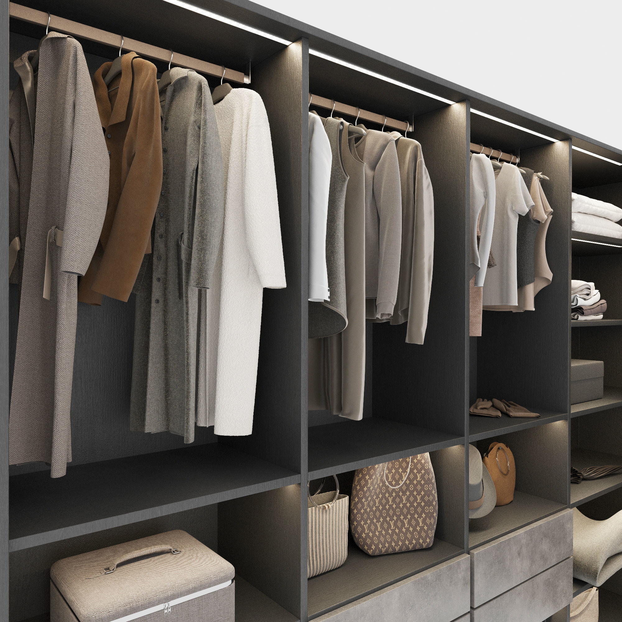 Wardrobe walk in closet with clothes and accessories 3D model_4